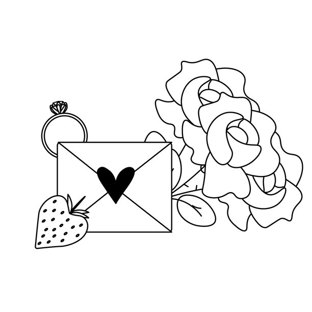 带有戒指的心形字母、玫瑰、草莓的情人节构图。矢量线条插画。横幅、海报、包装纸、贴纸、印刷品、现代纺织品设计。图片下载