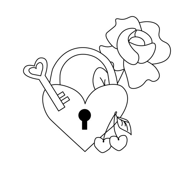 心形锁、钥匙、玫瑰和樱桃的情人节构图。矢量线条插画。适用于时尚图形、纺织品印花、面料、壁纸设计。图片下载