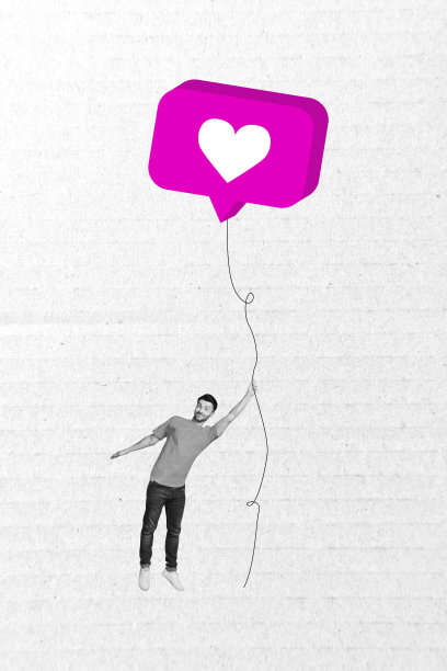 快乐小伙飞翔泡泡气球的3D垂直艺术横幅草图照片拼贴，模仿社交媒体反馈的表情图片下载