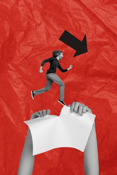 失业歧视工人冲突的趋势艺术素描照片拼贴，两只手拿着破碎的纸，年轻人匆忙奔跑，箭头指向图片下载