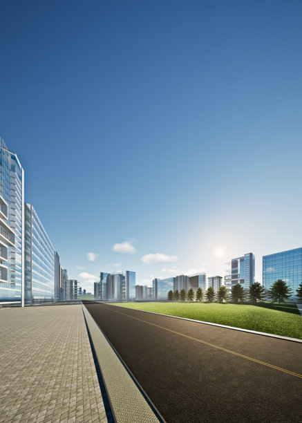 垂直构图的城市背景3D渲染，包含街道、高耸的现代办公楼、绿地或花园公园，背景为蓝天。概念涉及房地产、物业和土地开发。图片下载