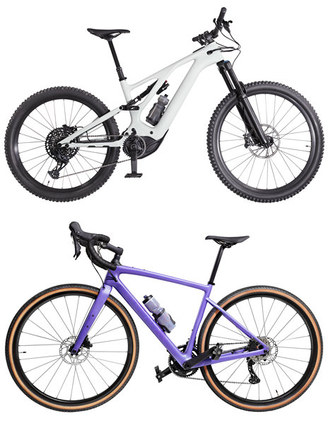 山地自行车和公路自行车。侧视图。白色背景上孤立图片下载