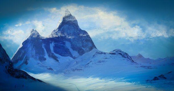 黄昏时分白雪皑皑的山脉，数字绘画，3D插画图片下载