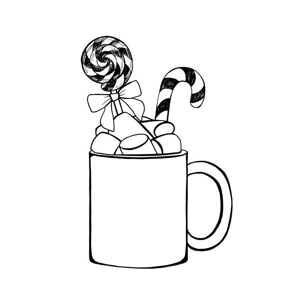 矢量插画，包含一杯可可和棉花糖，以及棒棒糖。手绘的黑白节日圣诞主题糖果插画，适用于包装设计和明信片。图片下载