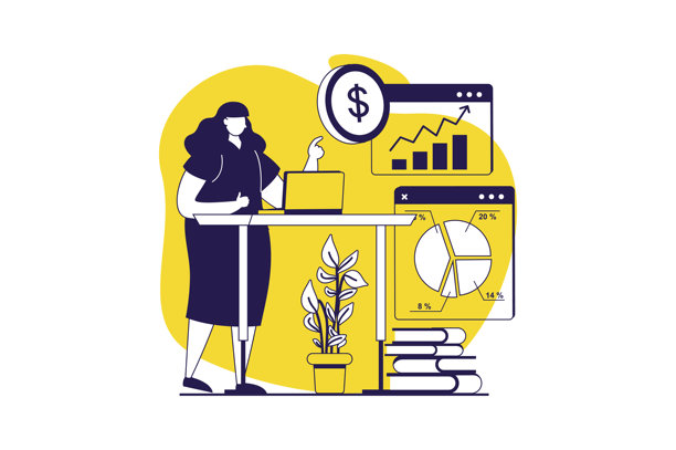 扁平化人物分析预算网页概念，用于网站设计。女性研究财务报告，配有箭头增长图、图表和图示表现，涉及会计金融。矢量插画。图片下载