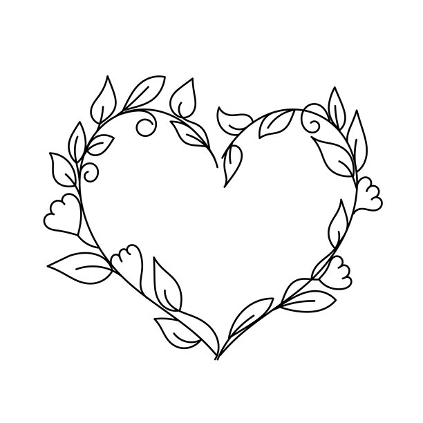 花朵组成的爱心形状边框，带有叶子花环的黑色涂鸦轮廓插画矢量图图片下载