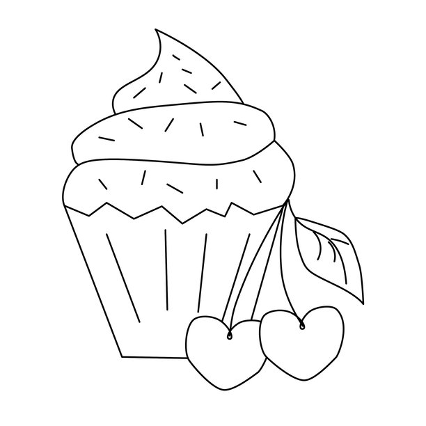 带有装饰性糖霜和樱桃的黑白纸杯蛋糕插画。情人节构图。矢量线条插画。适用于包装、化妆品、纺织品、卡片设计。图片下载