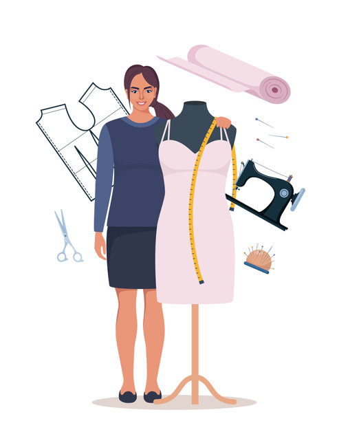 时装设计师在工作室。女子靠近人体模型。时尚、潮流与风格。裁缝或服装技师在工作室。美学与优雅。矢量插画图片下载