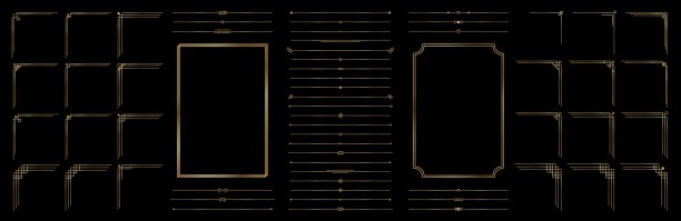 金色纤细线性边框、边框、分隔线集。典雅高端金色几何光辉边框系列，装饰艺术风格，黑色背景。矢量插画图片下载