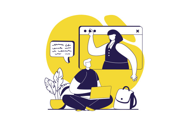 远程学习网页概念，包含适合网站设计的扁平化人物。一名少年通过笔记本电脑在线学习，观看教师的视频课程，学生正在参加网络研讨会。矢量插画。图片下载