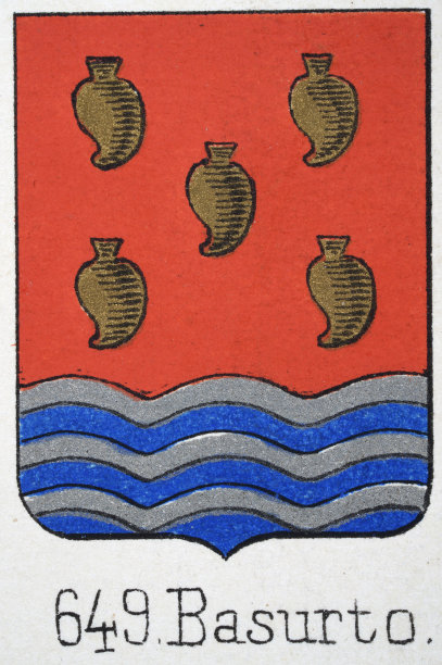 中世纪纹章，盾徽，带有五个金色心形、红色、蓝色、银色波浪的盾牌，西班牙，复古插画图片下载