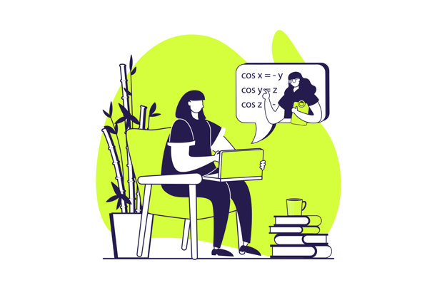 远程学习网站概念，包含适用于网站设计的扁平化人物。一位女性通过笔记本电脑与老师一起在线学习，学生在虚拟课程中观看网络研讨会和视频课程。矢量插画。图片下载