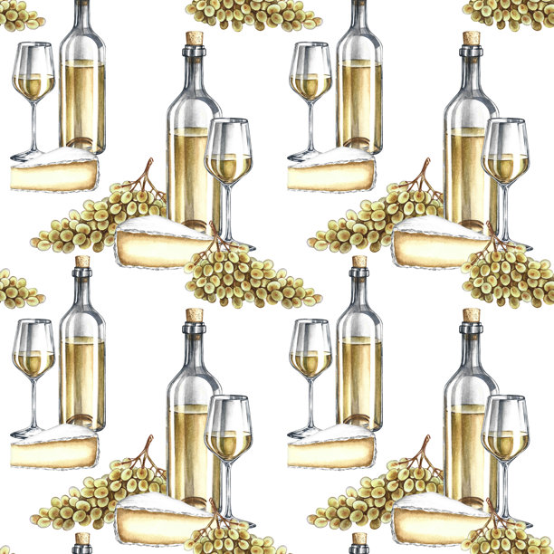无缝葡萄酒图案。一瓶白葡萄酒、一杯酒、一串葡萄和奶酪。手绘水彩插画。用于包装和标签、纺织品和壁纸、餐厅和酒吧菜单。图片下载
