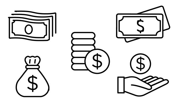 金融和货币线条图标集。金融轮廓图标集合。商业、货币、发票、利润、投资、贷款符号。股票矢量素材图片下载