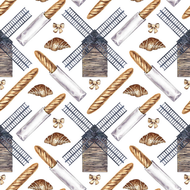 法式糕点无缝图案。法式长棍面包和羊角面包，风车。手绘水彩插画。法式料理元素。适用于菜单、标签和包装、纺织品和装饰。图片下载