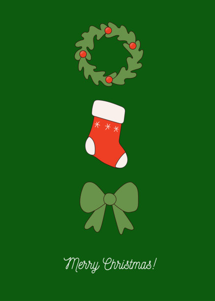 圣诞礼物袜子、花环、蝴蝶结艺术。冬季贺卡，背景鲜艳。传统的圣诞和新年节日精神象征。积极的涂鸦复古风格家庭聚会邀请函。图片下载