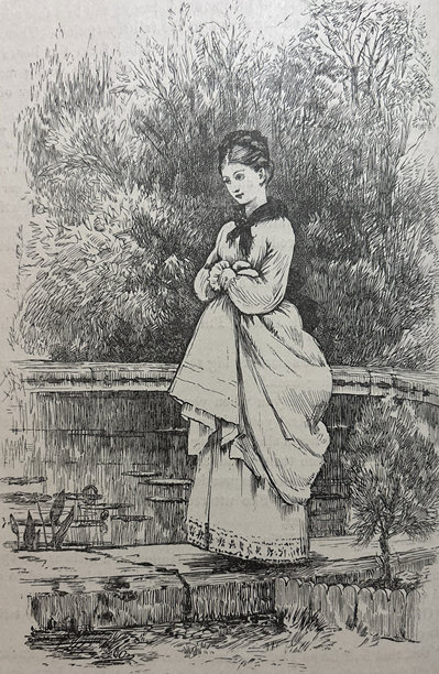 古董插画 - 一位身着长裙的女士站在花园里图片下载