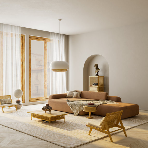 宽视角中性室内场景，拥有优雅的日光、暖色调和极简家具设计，包含用于品牌推广或文本放置的自然留白空间。三维插画。图片下载