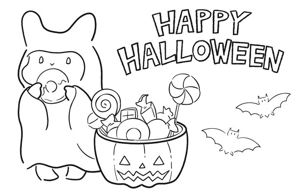 一只打扮成鬼魂吃甜甜圈的兔子，线条风格的万圣节插画图片下载