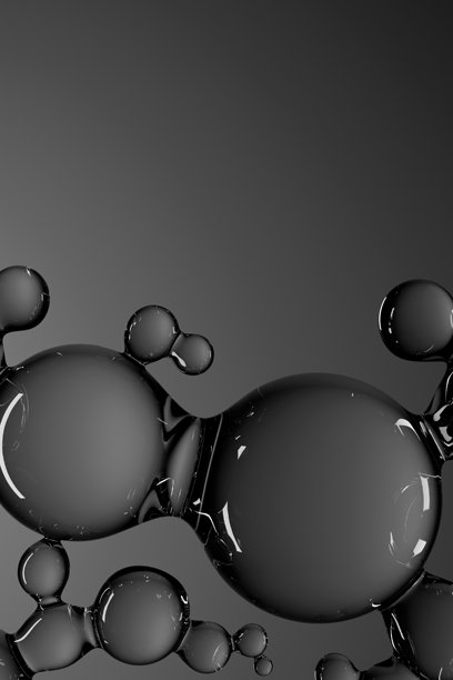 透明的3D分子、液体精华水滴、气泡。护肤化妆品，透明质酸。抽象图案。医疗保健和医学设计概念，深色背景。图片下载