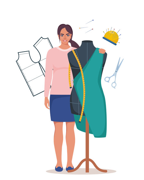 工作室里的时尚设计师。女人在模特旁。时尚、潮流与风格。裁缝或缝纫师在工作室。美学与优雅。矢量插画图片下载