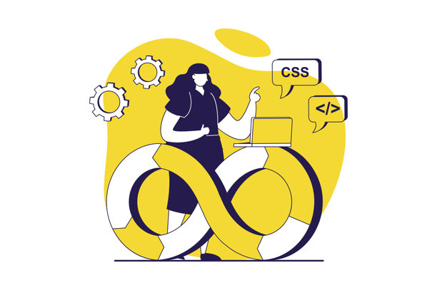 DevOps 网页概念，配有扁平化人物，适用于网站设计。一位女性正在进行组织和团队协作，构建敏捷生产周期，并与管理层及编程协同工作。矢量插画。图片下载