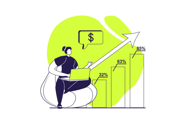 金融分析网页概念，配有扁平化人物，适用于网站设计。一位女性正在处理图表和增长趋势统计数据，进行平衡核算和簿记预算。矢量插画。图片下载
