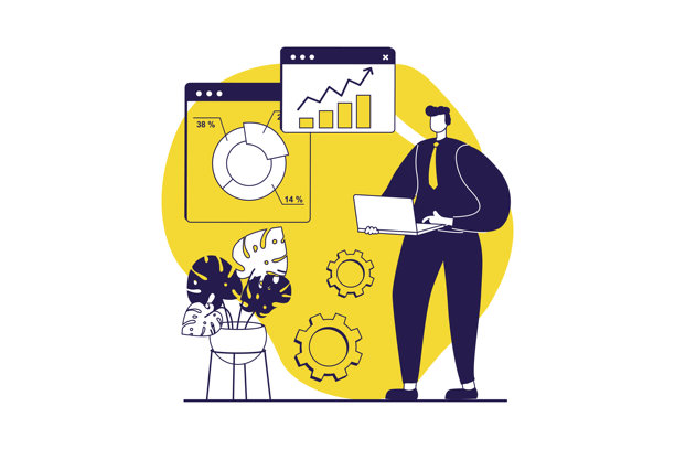 商业流程网页概念，配有扁平化人物，用于网站设计。商务人士处理财务数据，制作图表研究报告，投资公司项目。矢量插画。图片下载