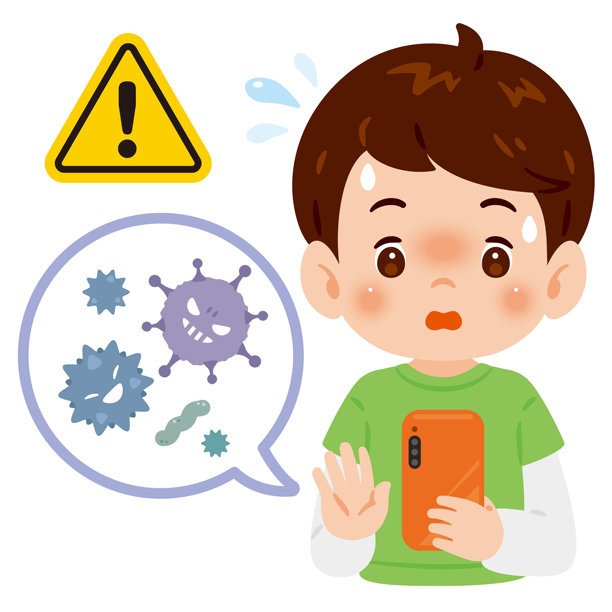 受病毒影响的男孩的上半身在智能手机上的插画图片下载