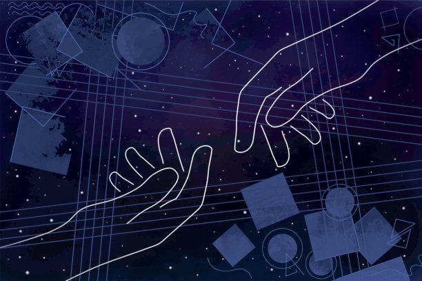 抽象插画，适用于科技、人工智能、科学、商业、创意等主题。体现帮助与支持的概念。由线条、形状和富有纹理的彩色水彩斑点构成。图片下载