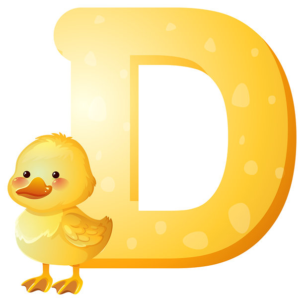 可爱的黄色小鸭子与大写字母 D 插画图片下载