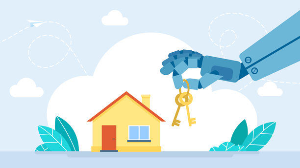 人形机器人手持钥匙，人工智能，助手，数据安全，保护。投资房地产。房屋贷款，房产抵押。人工智能的力量。矢量插画。图片下载