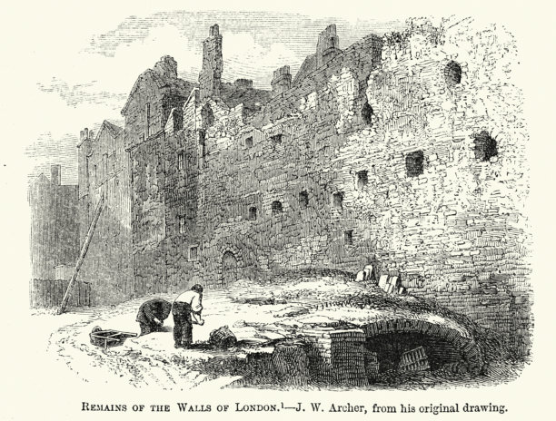 伦敦古罗马城墙遗址，维多利亚时期复古插画图片下载