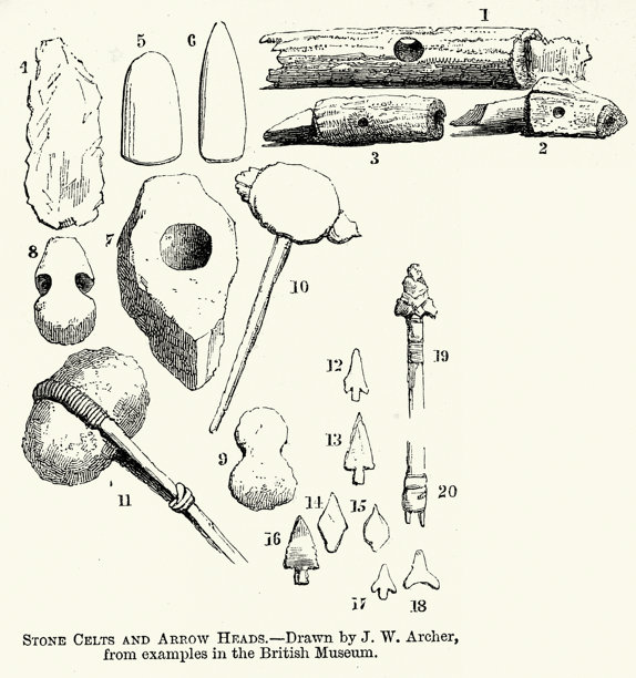 英国古代历史，考古学，石器时代，凯尔特人和箭头，复古插画，19世纪，维多利亚时代图片下载