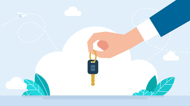 手持汽车钥匙。手持汽车钥匙遥控器以锁定或解锁汽车。商人手持汽车钥匙按钮。警报系统。平面插画。图片下载
