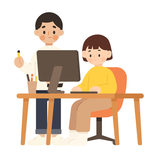 扁平化设计插画，描绘了两位年轻人在联合办公空间里协同工作。图片下载