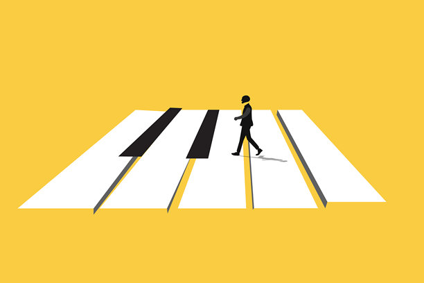 商务机会与决策向量概念，一位商务人士在钢琴上行走。象征目标、目的、挑战。EPS10插画。图片下载