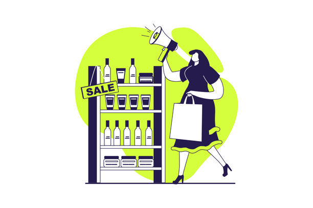 折扣店网站概念，配有扁平化人物插画，适用于网站设计。一位女士在产品货架旁宣布特价信息，通过特别优惠吸引顾客购买。矢量插画。图片下载