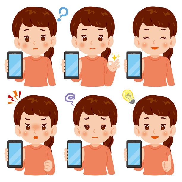 正面朝前的女性手持智能手机的上半身插画集图片下载