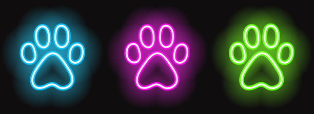 深色背景上霓虹灯狗爪印，亮绿色、蓝色、紫色发光线条，矢量插画。图片下载