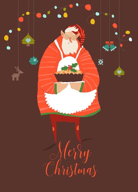 圣诞节和新年快乐插画：圣诞老人与蛋糕图片下载