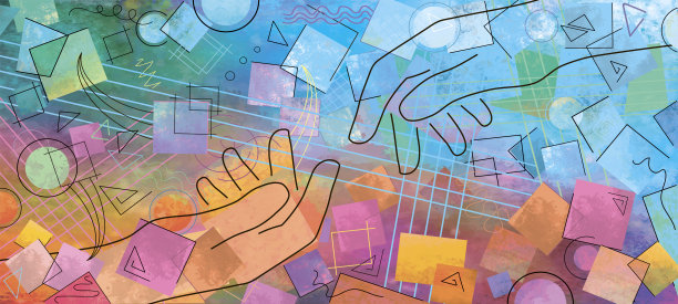 抽象插画，适合科技、人工智能、科学、商业、创意等主题。表达帮助与支持的概念。由线条、形状和富有纹理的彩色水彩晕染构成。图片下载