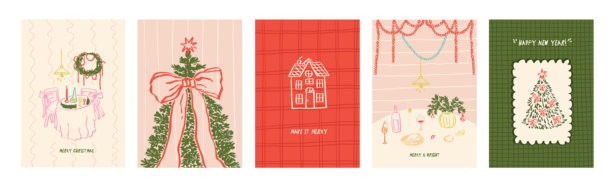 一套异想天开的圣诞贺卡。别致的蝴蝶结边框贺卡，饰有圣诞树、猫、餐桌、花环和可爱的狗狗图片下载