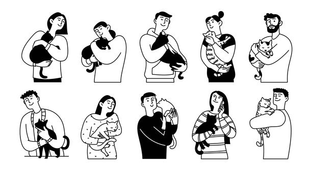 各种猫咪主人涂鸦集合。宠物。男女与宠物矢量线性插画，孤立在白色背景上图片下载