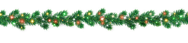 无缝圣诞树花环，饰有彩色发光灯饰和茂密的绿色枝叶。适用于节日贺卡和海报的明亮节日装饰边框。矢量文件，透明背景。图片下载