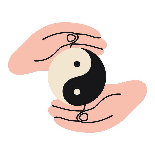 双手轻轻托起太极符号，象征和谐与平衡。时尚现代矢量插画，手绘，扁平化设计，孤立在白色背景上。图片下载