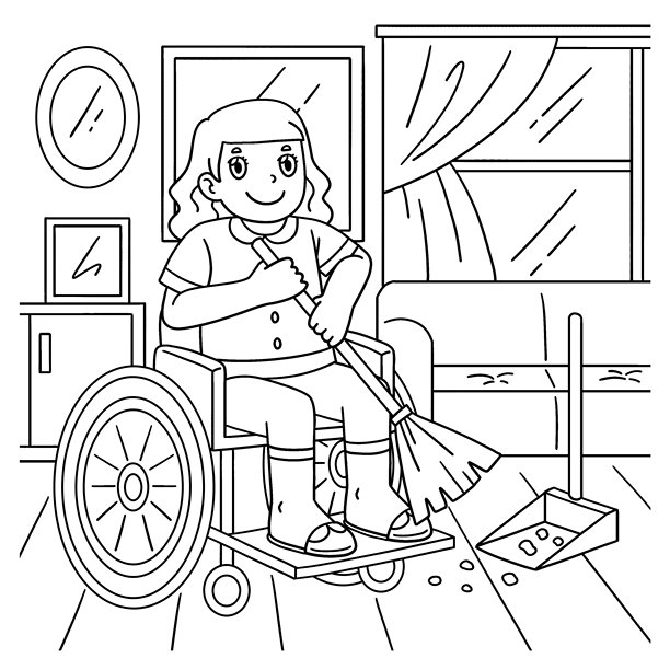 坐轮椅的女孩在打扫房间的彩色插画图片下载