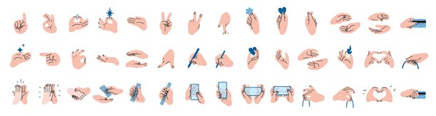 展示手势、情感和动作的矢量图集。沟通、肢体语言和表情概念。时尚现代的矢量插画，手绘，扁平化设计，孤立在白色背景上。图片下载