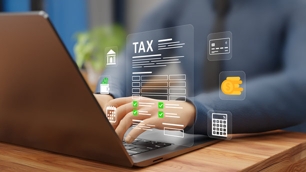 在线税务表格、税务计算、合规性、数字表格、收入申报、会计管理和安全税务管理。一个人正在使用笔记本电脑填写纳税申报表。3D插画图片下载
