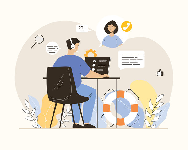 在线客服呼叫中心。在线会议。戴耳机男子作为接线员与客户在线工作。扁平化矢量插画。图片下载